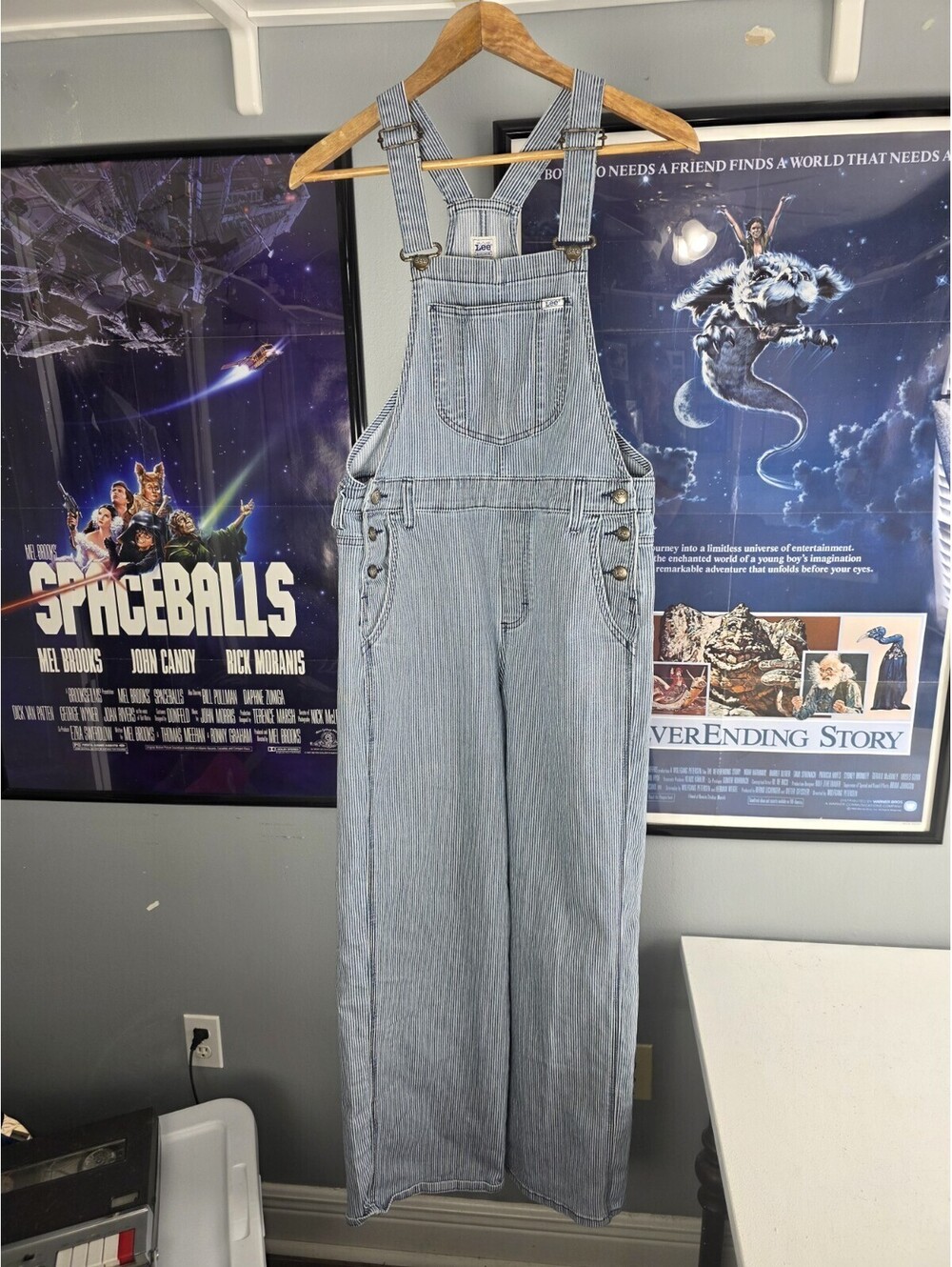 Vintage Lee Blue White Pinstripe Overalls Sz Medium Workwear Railroad Stripe
